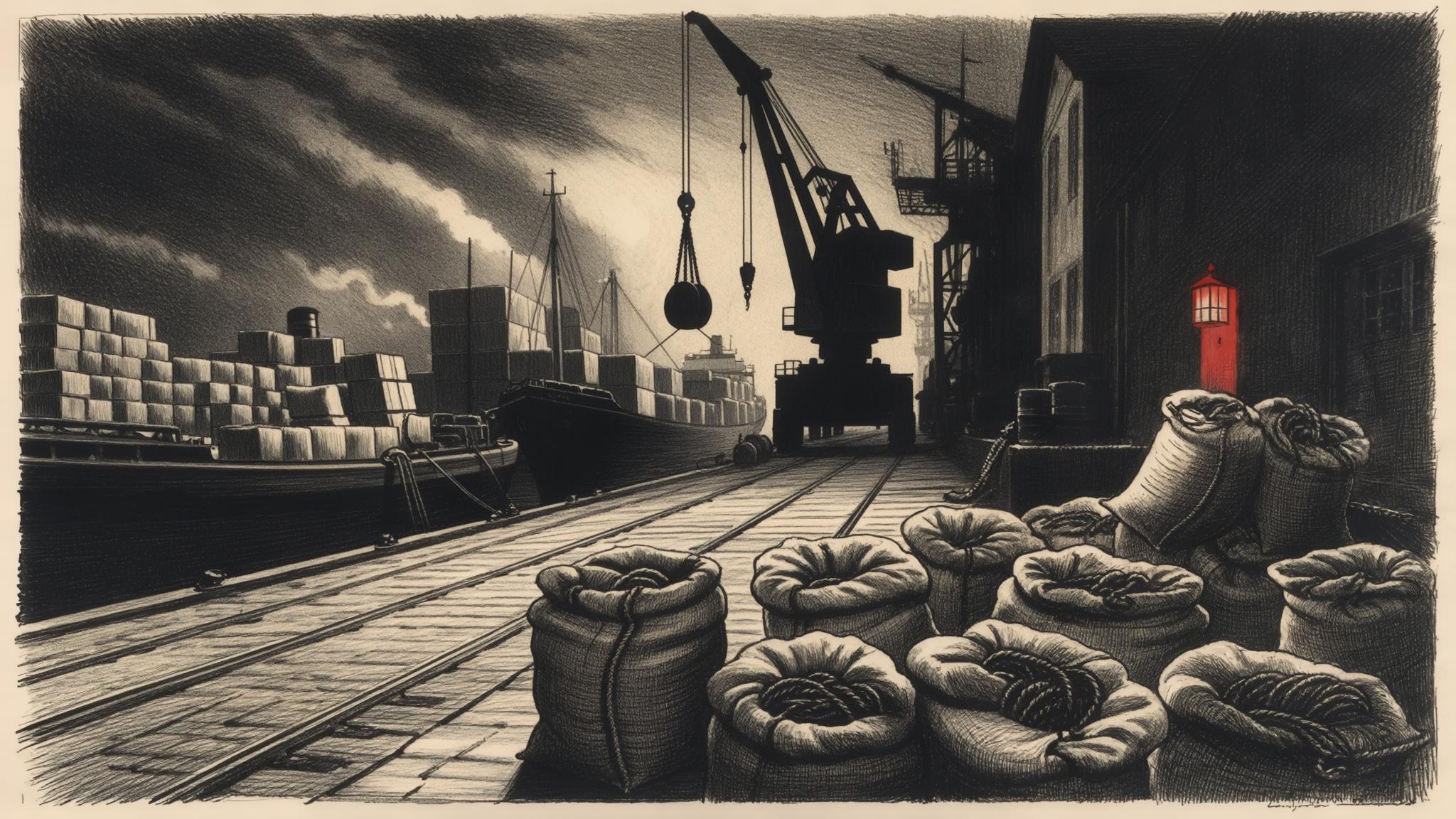 Grabado de un muelle de carga con sacos de grano